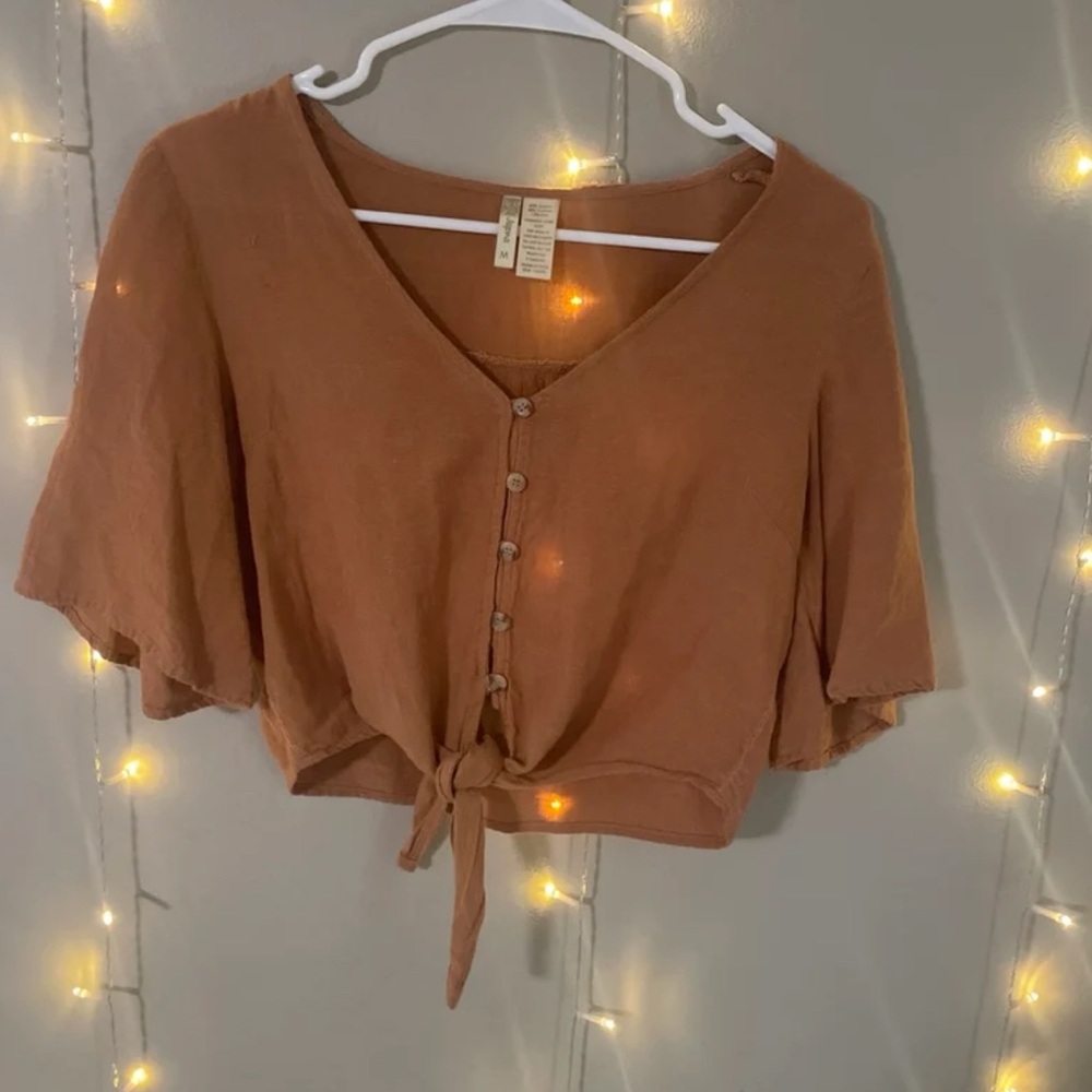 Japna Brown Crop Blouse with Tie Front